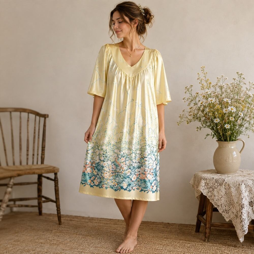Vintage 70s Floral House Dress L Yellow Satin Muumuu Cottagecore Lounge Dress